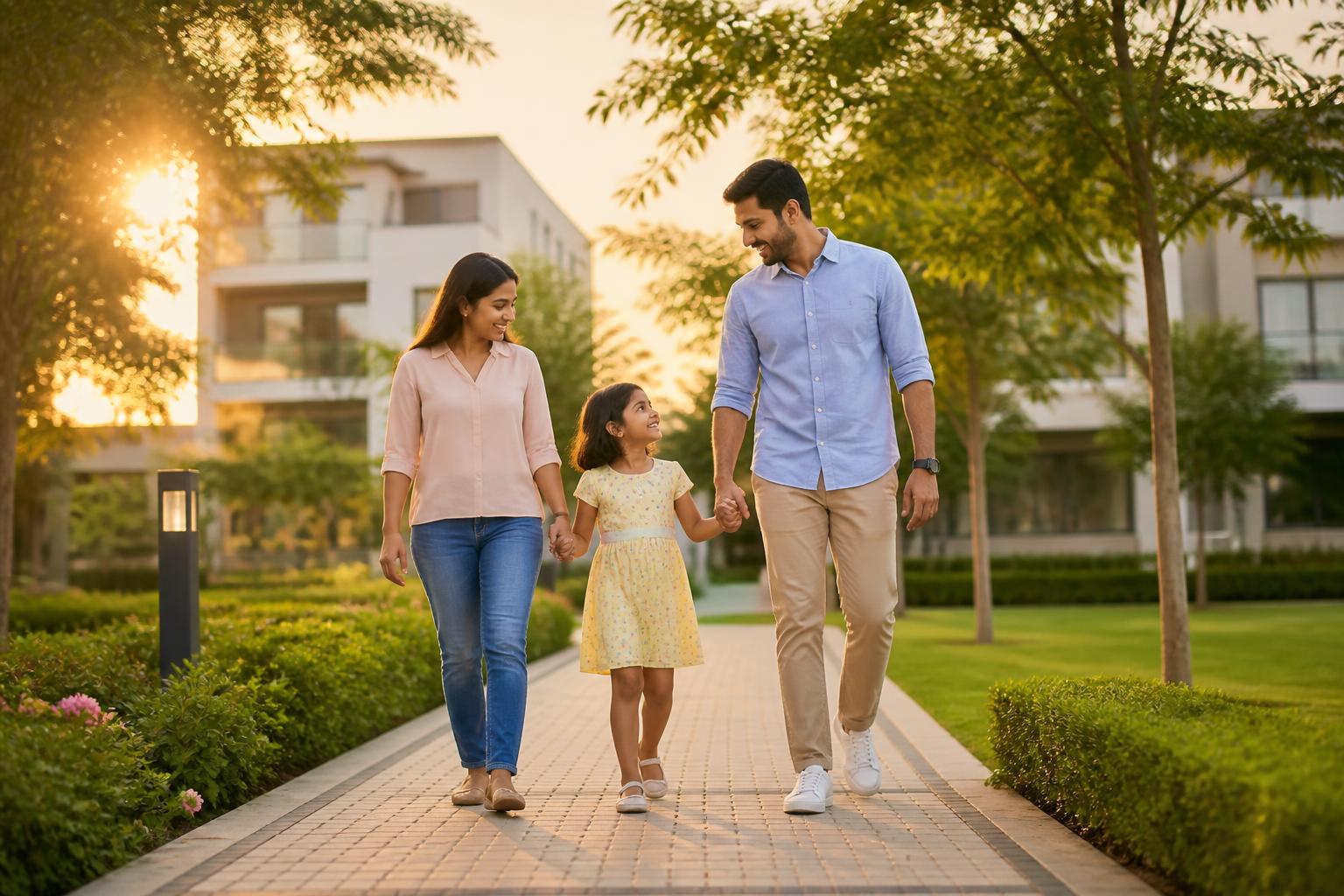 Family enjoying the landscaped walkways of a Saibya community